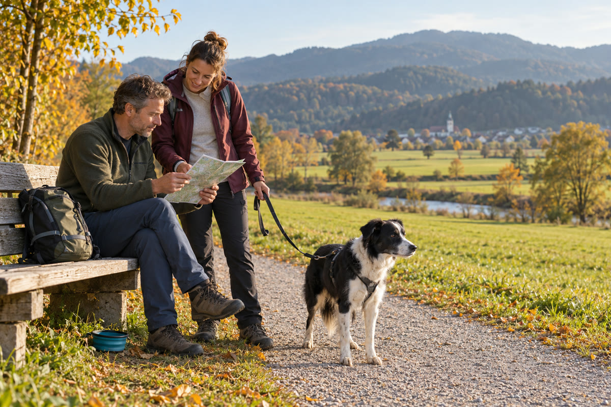 Symbolbild: Zwei Erwachsene mit einem angeleinten Hund an einem breiten flachen Spazierweg, daneben eine Bank und ein kleiner Tagesrucksack.
