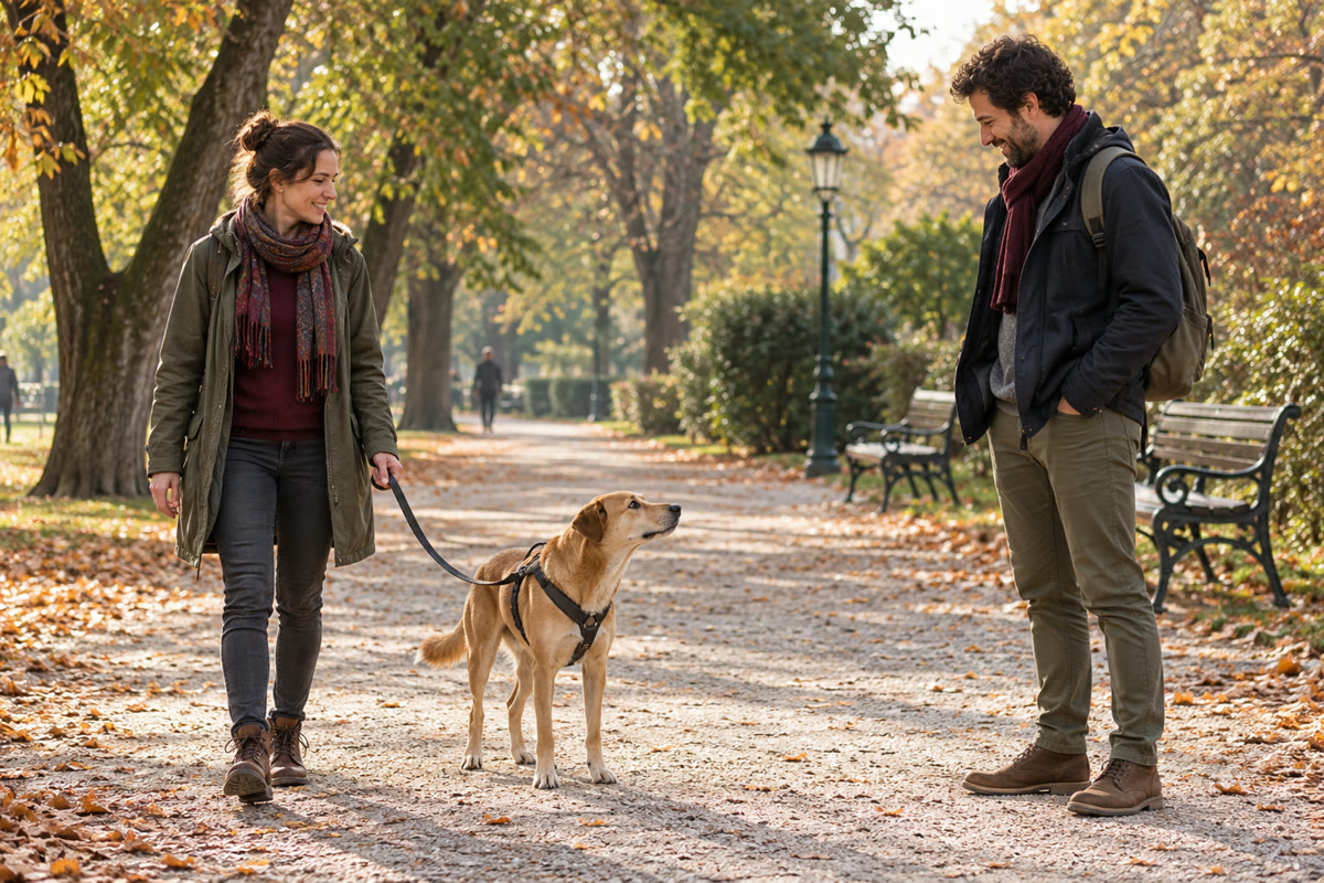 Symbolbild: Zwei Erwachsene begegnen sich auf einem breiten herbstlichen Parkweg, ein angeleinter Hund bleibt bei seiner Bezugsperson.