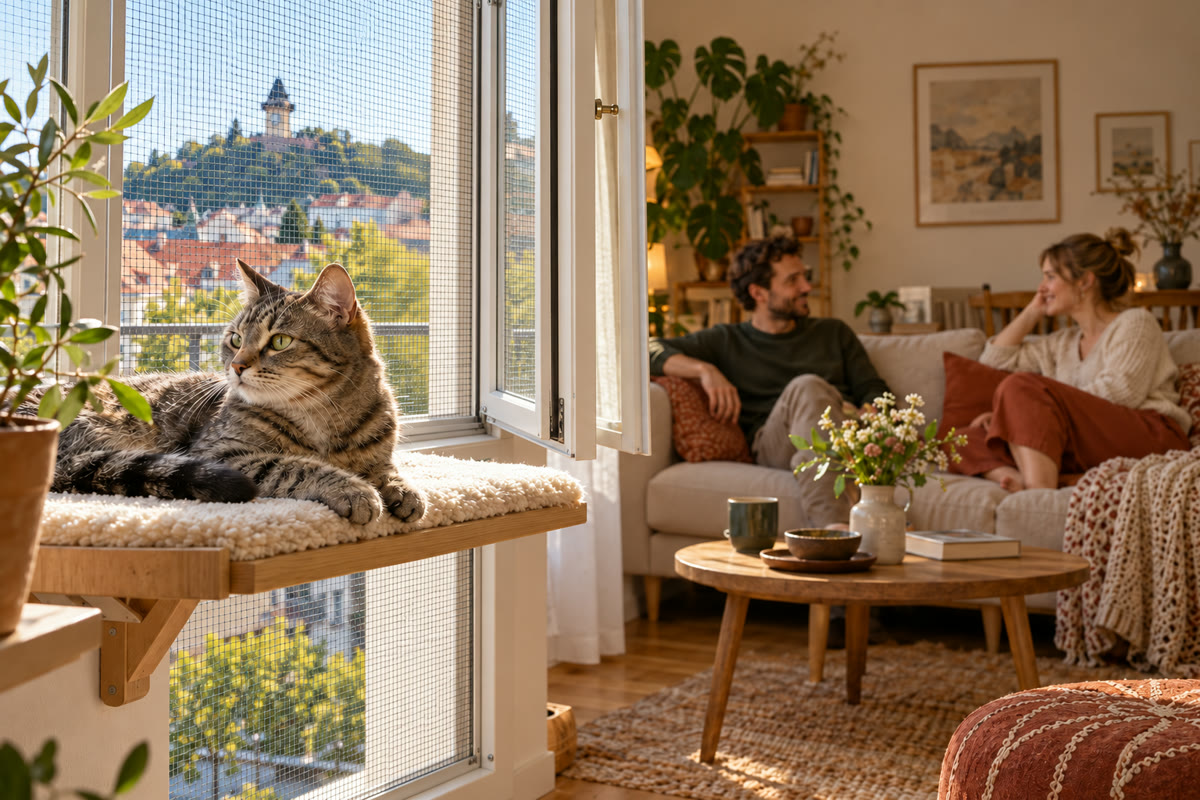 Symbolbild: Eine getigerte Katze beobachtet von einem erhöhten Fensterplatz zwei ruhig auf dem Sofa sitzende Erwachsene.